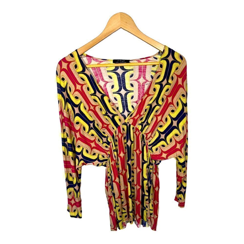 T-BAGS Women’s Abstract Print Plunge Neckline Tunic Top Yellow/Pink Size Large